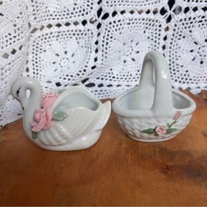 Vintage‎ Ceramic swan with flowers and floral basket. Gold accents.